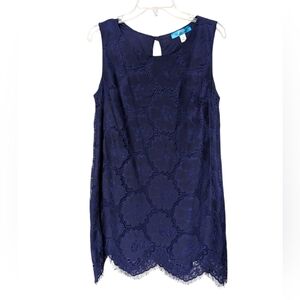 Buttons Elegant Navy Blue Lace Overlay Scalloped Hem Mini Dress Size Large